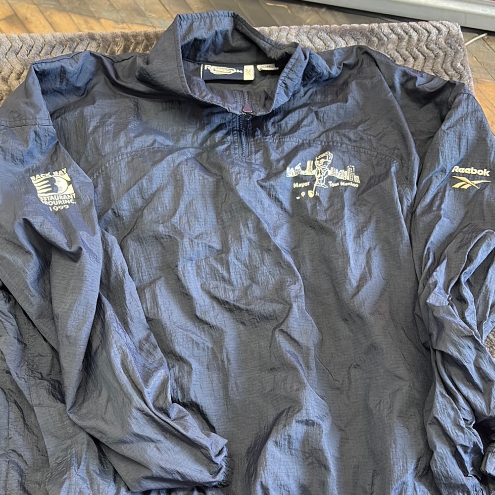 Vintage Reebok Mayor Tom menino Navy Jacket with Cartoon Print packable wind
